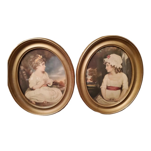 Pair of Art Antique Prints in Oval Frames-11 1/2" X 9 1/2"-Girls by Joshua Reynolds For Sale