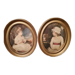 Pair of Art Antique Prints in Oval Frames-11 1/2" X 9 1/2"-Girls by Joshua Reynolds