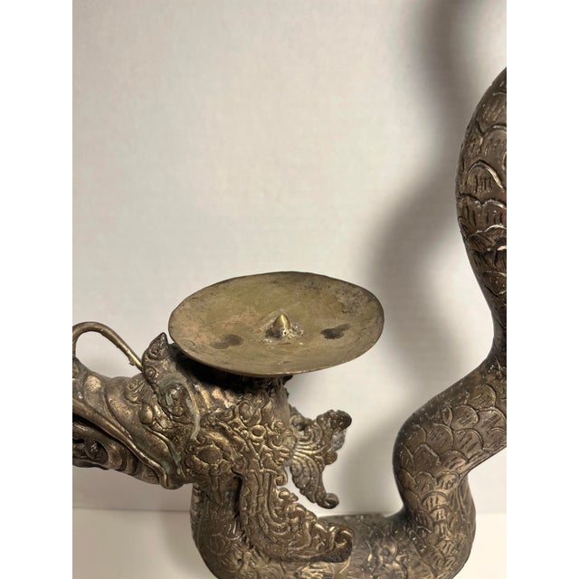 Chinese Vintage Chinese Cast Metal Candle Stake Dragon Shape 23"h Plus 2 Candles For Sale - Image 3 of 12