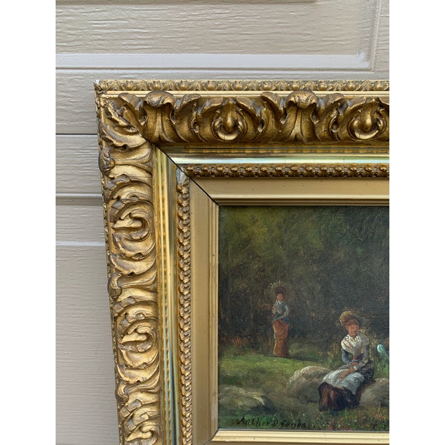 American Antique Hand Painted Framed Oil on Canvas Ladies in a Landscape Painting For Sale - Image 3 of 16