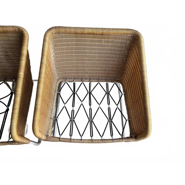 1970s Harvey Probber Style Vintage Unmarked Chrome Tube Cantilever Wicker Lounge Arm Chairs For Sale - Image 5 of 12