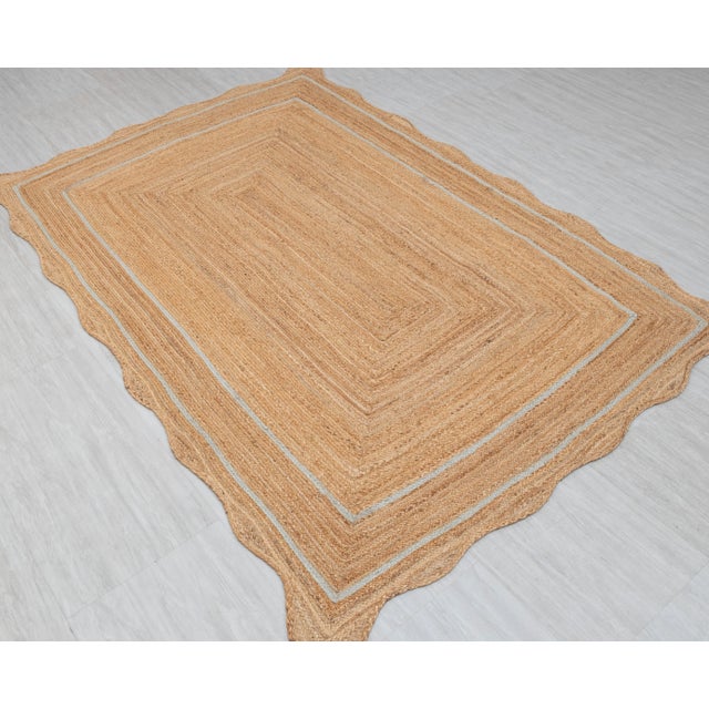 Boho Chic Light Blue Natural Jute Wave Scallop 12x15Ft. For Sale - Image 3 of 12