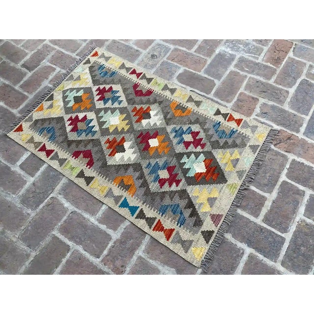 Tribal Colorful Handwoven Wool Kilim Rug, Bohemian Tribal Design, 2.8' X 4.1' For Sale - Image 3 of 7