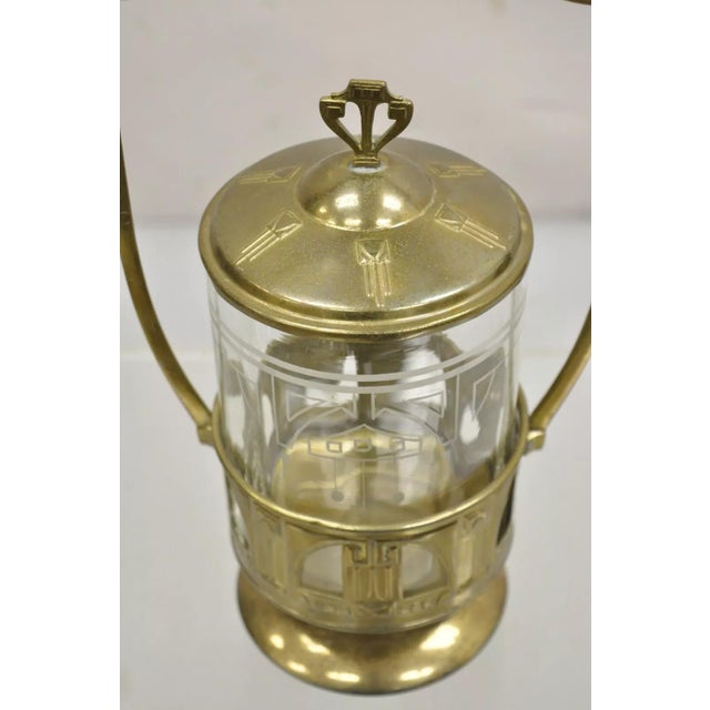 Antique German Art Nouveau Brass Metal Pickle Castor With Etched Glass Insert For Sale - Image 4 of 11
