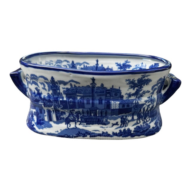 Large Vintage Blue & White Viscaya Ceramic Cachepot Centerpiece Bowl For Sale