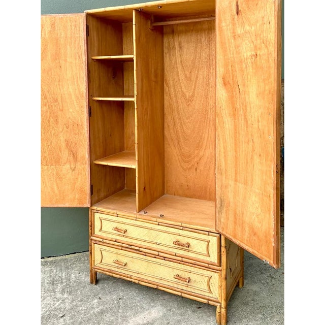 Tan Vintage Notched Bamboo and Rattan Armoire For Sale - Image 8 of 12