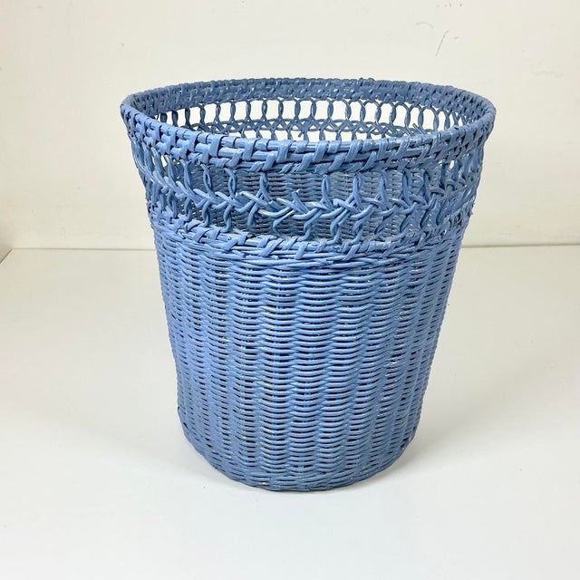 Mid-Century Boho Chic Coastal French Blue Wicker Wastebasket. For Sale - Image 9 of 11