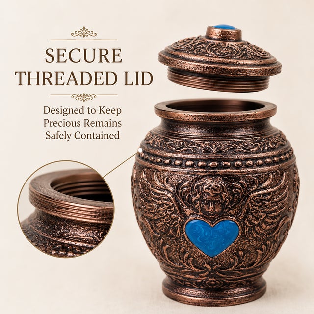 Metal Aura Angel Wings Turquoise Heart Keepsake Cremation Urn Metal Antique Copper Finish For Sale - Image 7 of 9