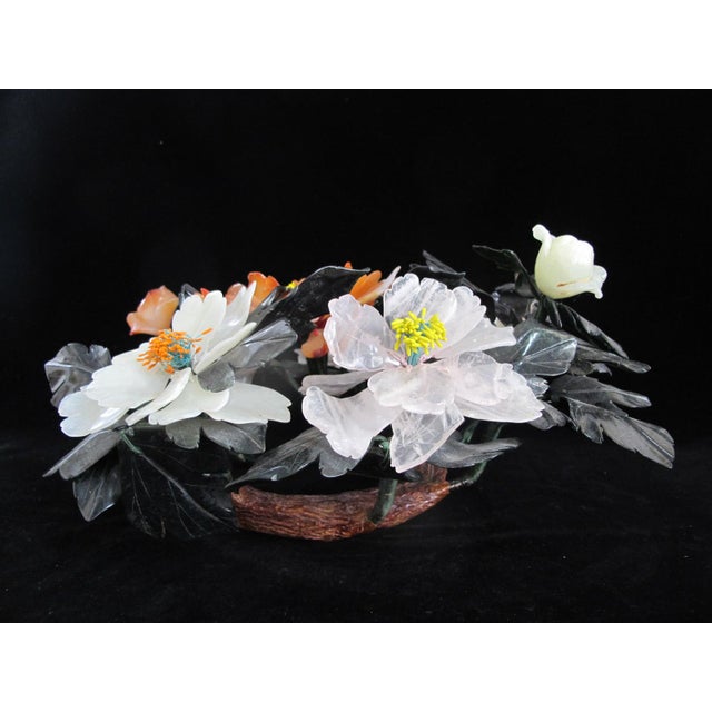 Early 20th Century Chinese Carved Jade Carnelian & Quartz Hardstone Flower Centerpiece For Sale - Image 5 of 13