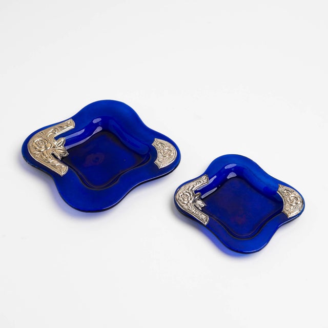 Blue Vintage Cobalt Blue Glass Catchalls With Silver Overlay - Set of 2 For Sale - Image 8 of 12