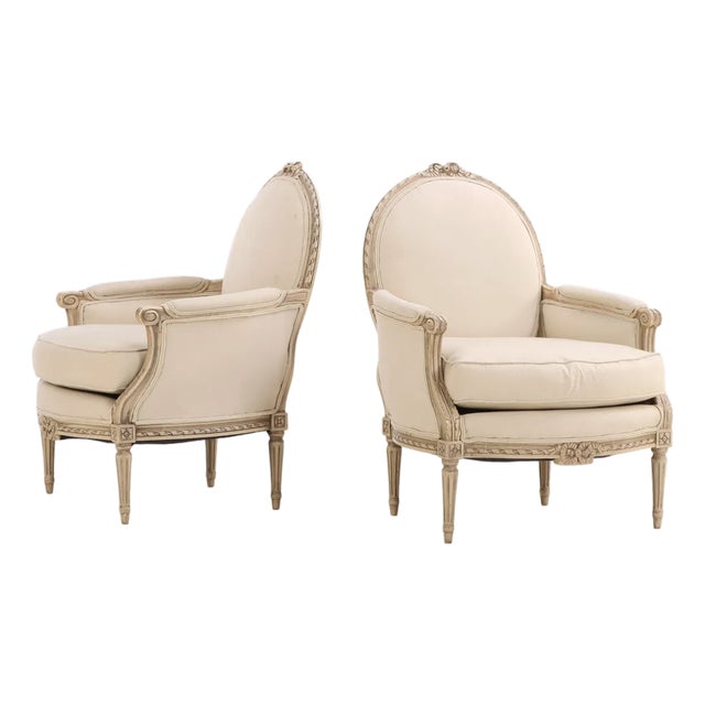 1930s Pair of French Painted Louis XVI Style Bergère Armchairs With Oval Backs For Sale