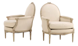 1930s Pair of French Painted Louis XVI Style Bergère Armchairs With Oval Backs