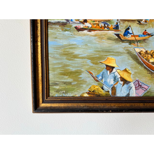 1970's Vintage Asian Floating Market Oil on Masonite Painting by Sam Ruey For Sale In Miami - Image 6 of 11