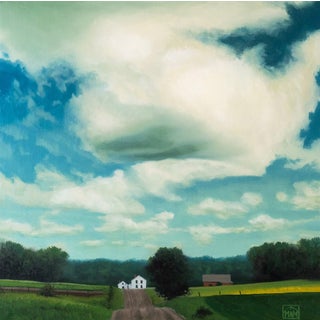 Camp Road by Michael Miller | Oil on Panel Landscape with a road and distant houses under a cloudy sky For Sale