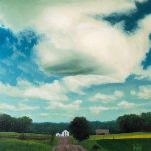 Camp Road by Michael Miller | Oil on Panel Landscape with a road and distant houses under a cloudy sky