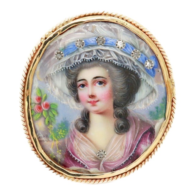 Antique Victorian 14k Gold, Diamond, and Porcelain Brooch For Sale