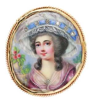 Antique Victorian 14k Gold, Diamond, and Porcelain Brooch