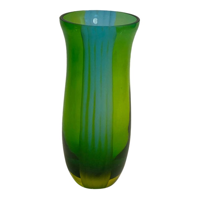 1970s Mid Century Modern Green and Blue Art Glass Vase For Sale