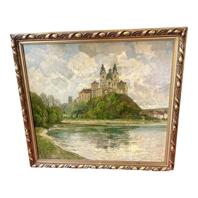 1920s Antique European Impressionist Oil Painting, Danube River Monastery For Sale