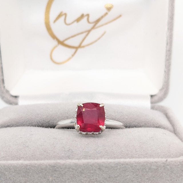 Metal 1.7Ct Ruby Ring With Earth Mined Diamonds Halo: Solid 14k Gold, Cushion Cut 7mm, Size 6.75 For Sale - Image 7 of 14