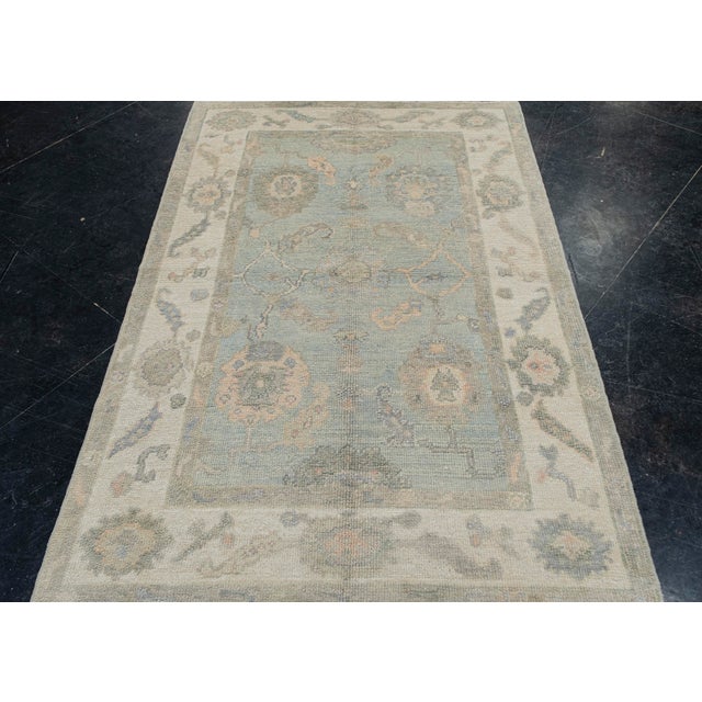 Turkish Oushak Rug Green and Blush Floral Handwoven Wool Rug 4' X 6' For Sale In Houston - Image 6 of 9
