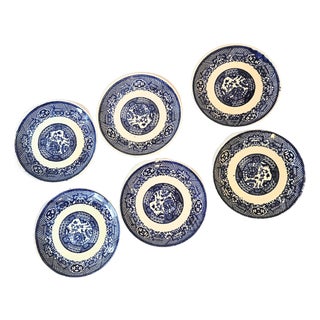 Mid 20th Century Flow Blue Willow Ironstone Dessert Plates- Set of Six For Sale