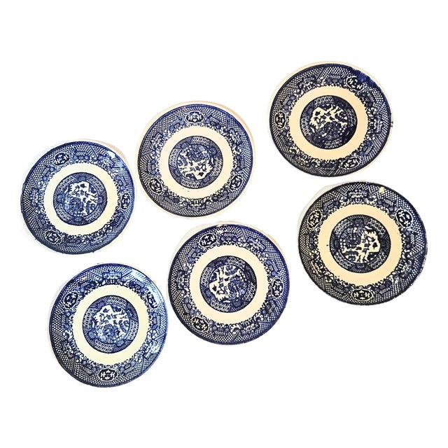 Mid 20th Century Flow Blue Willow Ironstone Dessert Plates- Set of Six For Sale