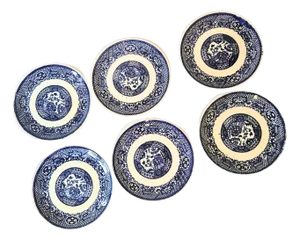 Mid 20th Century Flow Blue Willow Ironstone Dessert Plates- Set of Six