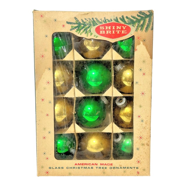 Vintage Shiny Brite Green and Gold Glass Christmas Ornaments – Set of 12 in Original Box For Sale