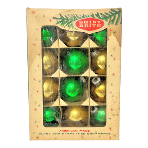 Vintage Shiny Brite Green and Gold Glass Christmas Ornaments – Set of 12 in Original Box