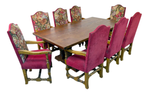Farmhouse Refectory Table and Jacobean Revival Chairs, 1920s, Set of 9