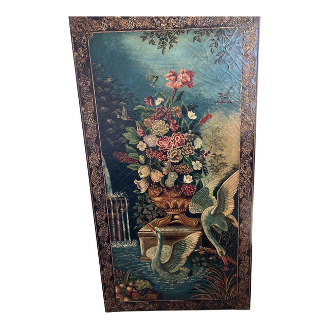 Extra Large Castilian Imports Vintage Painting on Wood With Birds and Flowers (70 X 38 X 1.1 Inches) For Sale