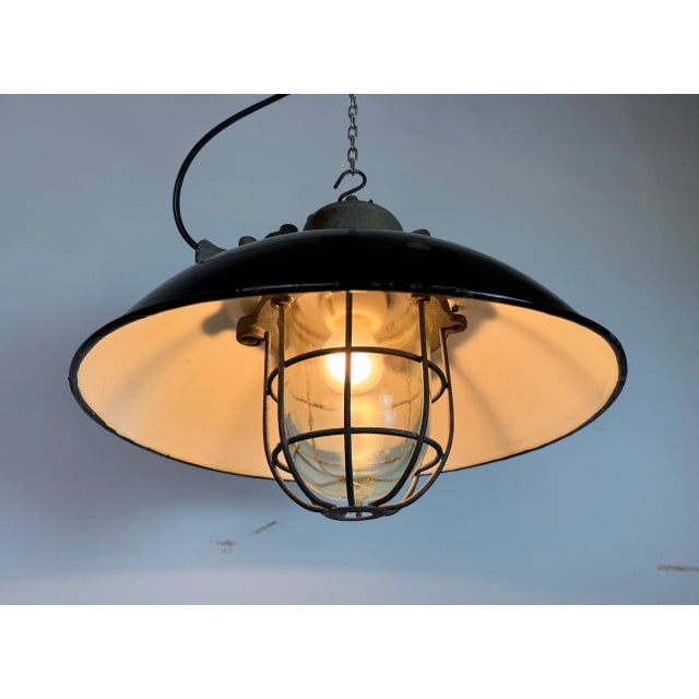 Black Enamel and Cast Iron Industrial Cage Pendant Light from Elektrosvit, 1960s For Sale - Image 17 of 18