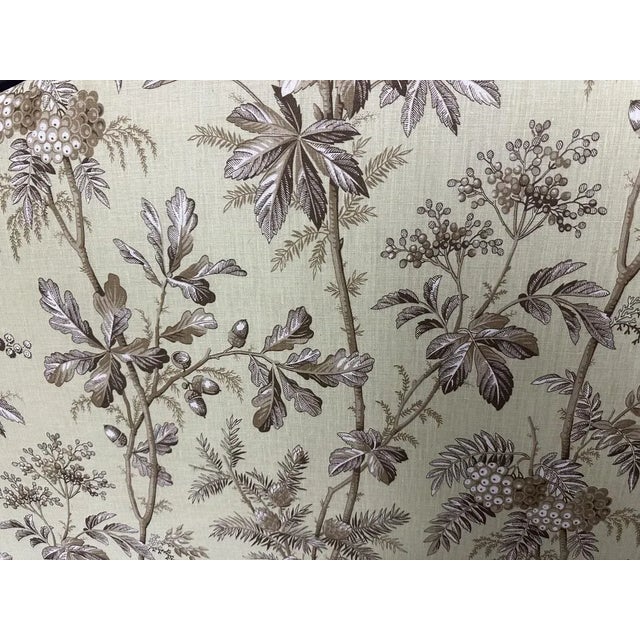 Schumacher's Brantwood Vine linen in Pear color is my new upholstery on this fine solid walnut antique headboard. 100...