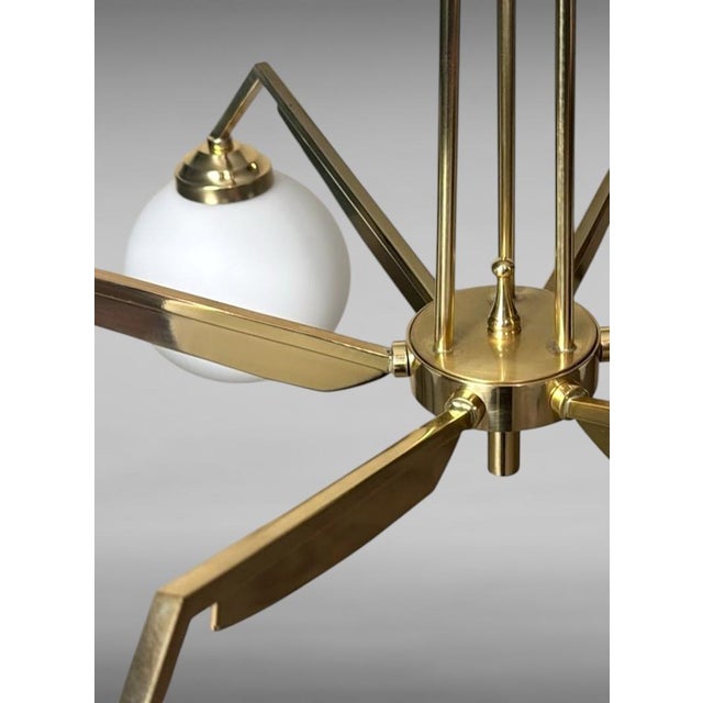 Mid 20th Century Stilnovo Style Italian Brass Six-Light Chandelier With Opaline Glass Globes For Sale - Image 11 of 18