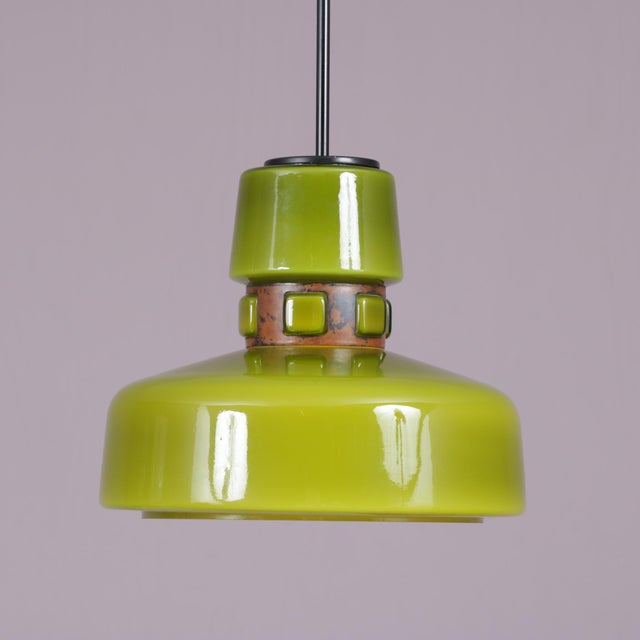Green Glass Hanging Lamp with Copper Details by Victor Berndt for Flygsfors, Sweden, 1970s For Sale - Image 6 of 8