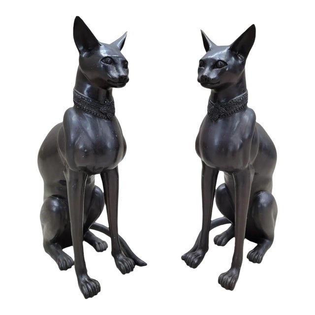 Vintage French Art Deco Style Bronze Egyptian Revival Cat Guardian Statues, Signed A. Tiot- Pair For Sale