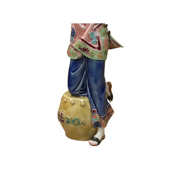 Pink Chinese Porcelain Qing Style Dressing Holding Mirror Lady Figure For Sale - Image 8 of 8