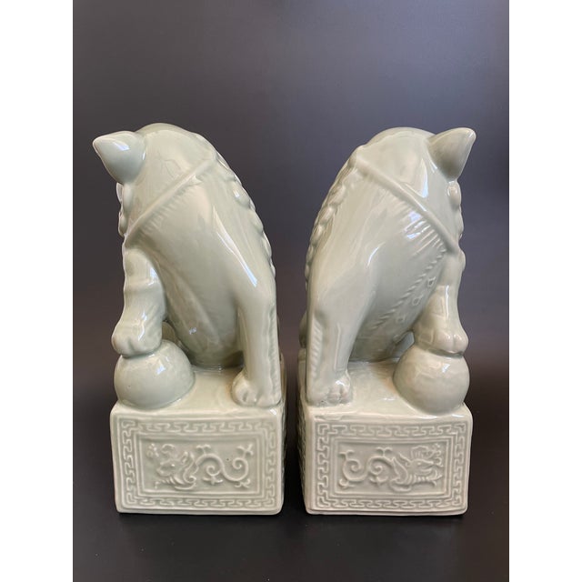 Chinoiserie Vintage Glazed Porcelain Chinese Foo Dogs, Pair For Sale - Image 3 of 11