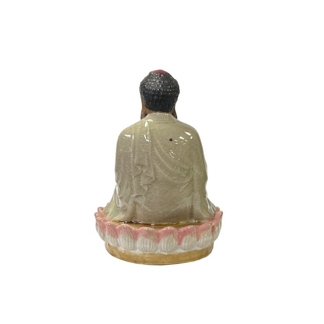 2010s Chinese Ceramic Beige Color Sitting Buddha Amitabha on Lotus Statue For Sale - Image 5 of 5