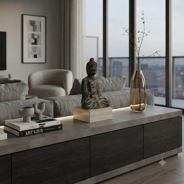 13.5" Black Brown Distressed Marks Small Stone Sitting Buddha Statue For Sale - Image 4 of 8