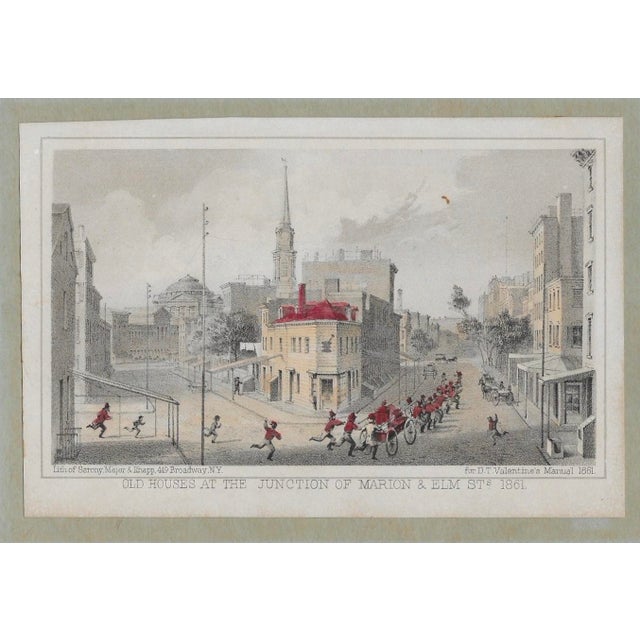 1861 hand colored engraving of the old houses at the corner of Marion and Elm Streets with fire department headed to a...