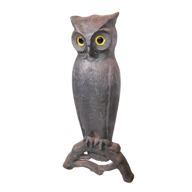 Large Pair of Vintage Arts and Crafts Rustic Victorian Owl Andirons With Glass Eyes For Sale - Image 10 of 14