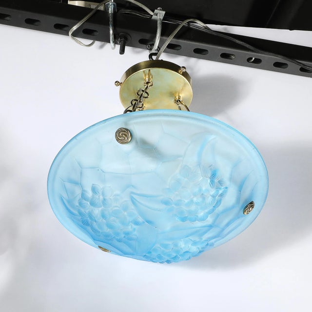 Art Deco Art Deco Frosted Blue Glass Chandelier W/ Brass Fittings Signed Roc by Degué For Sale - Image 3 of 12