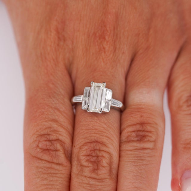 Metal 1930s Gia Certified 1.56 Carat Long Emerald Cut Diamond Vintage Art Deco Platinum Ring, Size 5 For Sale - Image 7 of 12