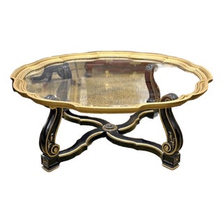 Vintage Italian Hollywood Regency Style Black and Gold Glass Top Coffee Table by Weiman For Sale