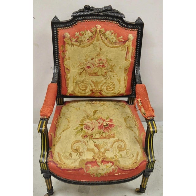 Antique French Empire Black Ebonized Walnut Needlepoint Parlor Arm Chair For Sale - Image 12 of 12