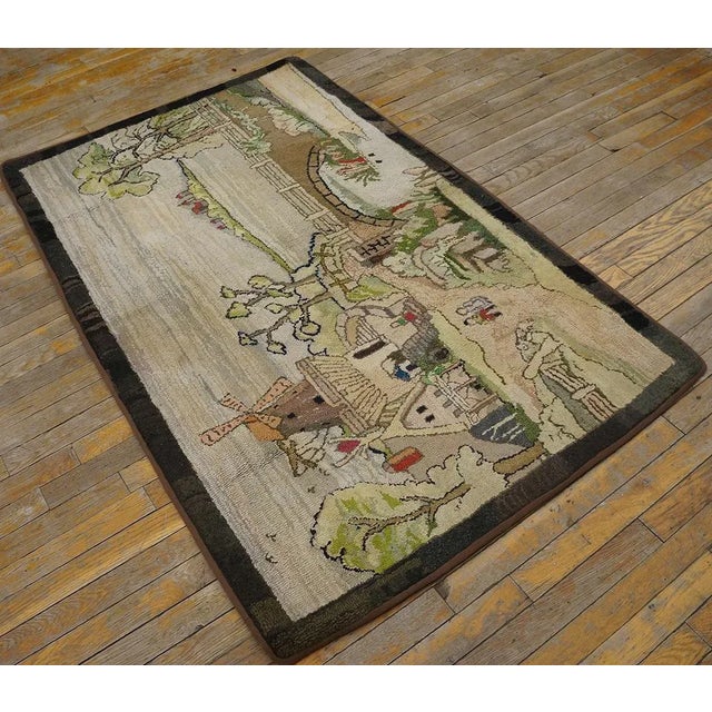 Mid 20th Century Pictorial American Hooked Rug ( 3'2" x 5'6" - 97 x 168 ) Antique American Hooked Rug America Multicolor...