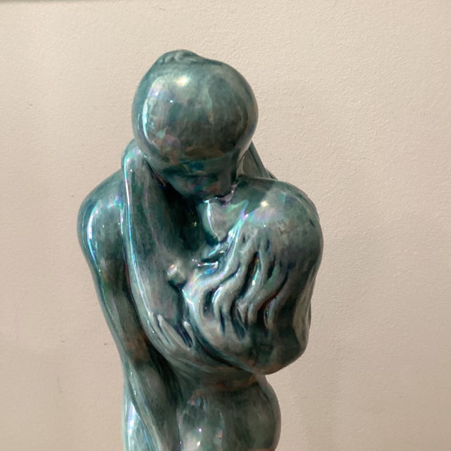 Art Deco Vintage Art Deco Inspired Ceramic Iridescent Glazed Sculpture" Embracing Couple" Signed Dated For Sale - Image 3 of 12
