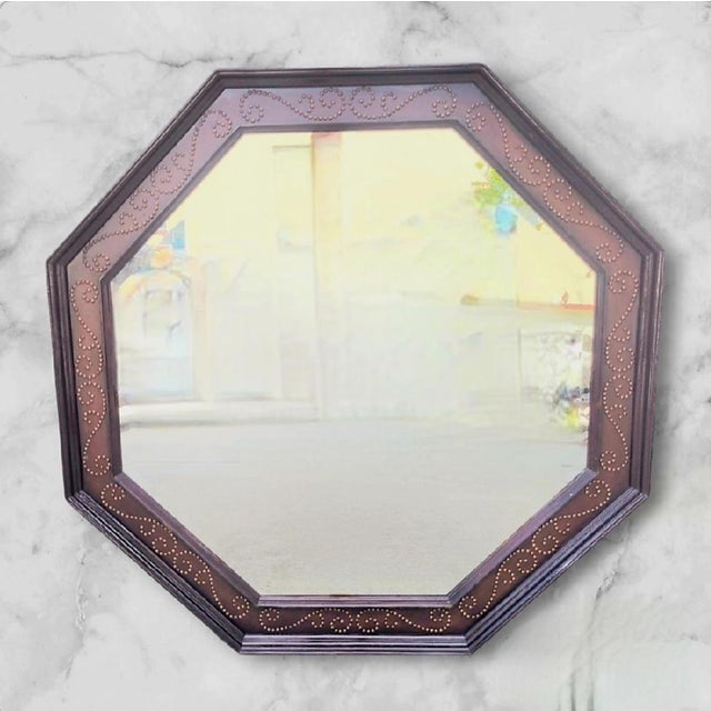 Baker Furniture Company Massive Studded Vintage Octagonal Dark Wood Faux Leather Wall Mirror For Sale - Image 4 of 11